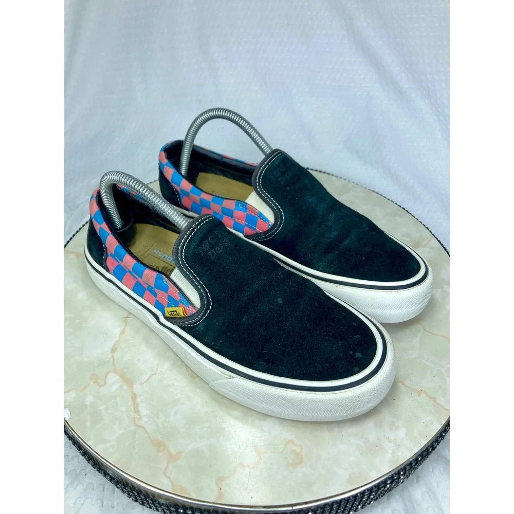 Vans Suede Platform Slip-On Shoes Womens Sz 8.5 Black Pink Checkerboard Sneakers